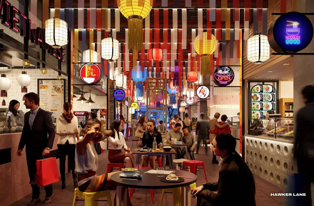 An artist's rendering of a shopping mall with a lot of people.