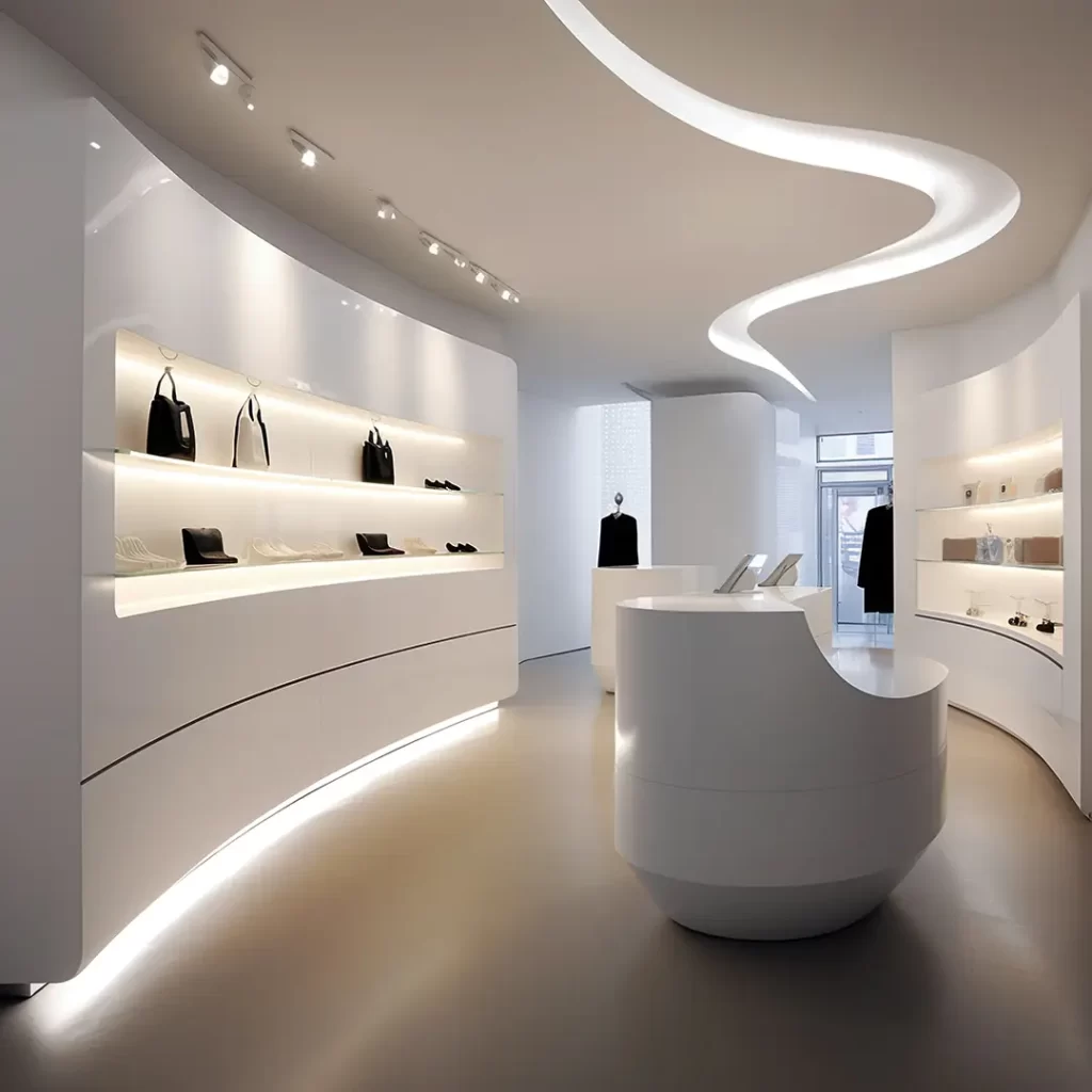 A white store with curved shelves and lighting.